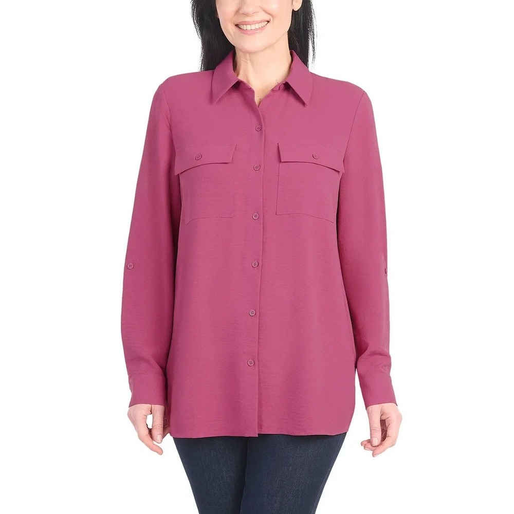 Hilary Radley Womens Button Front Blouse Dark Pink Long Sleeve 2XL New